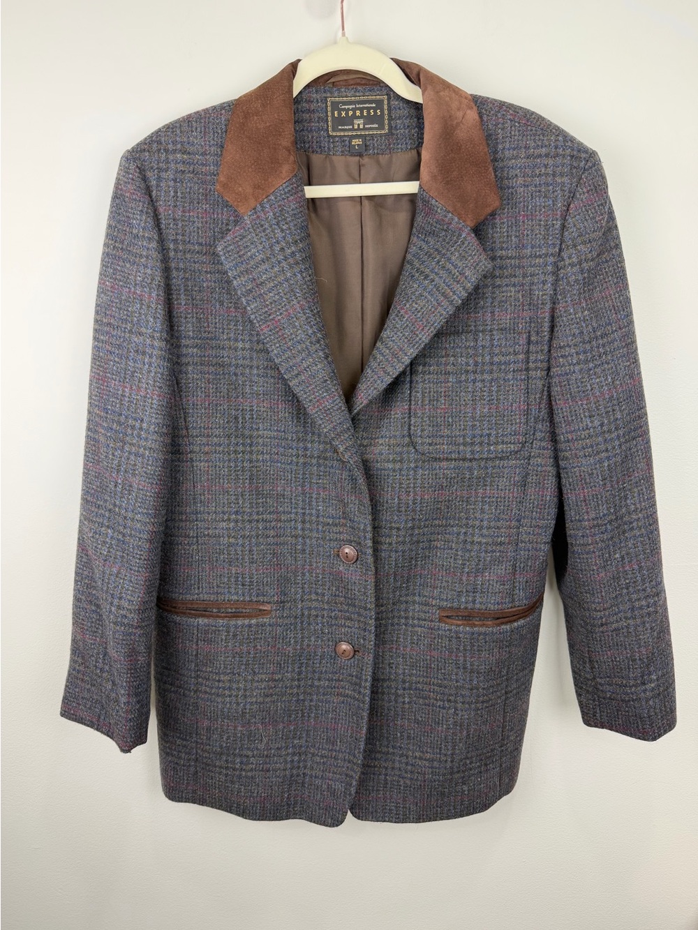 Vintage Express Women’s Wool Plaid Suede Collar Blazer L 90s